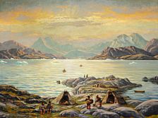 Summer day in Greenland with women preparing the food over open fire near the bay.